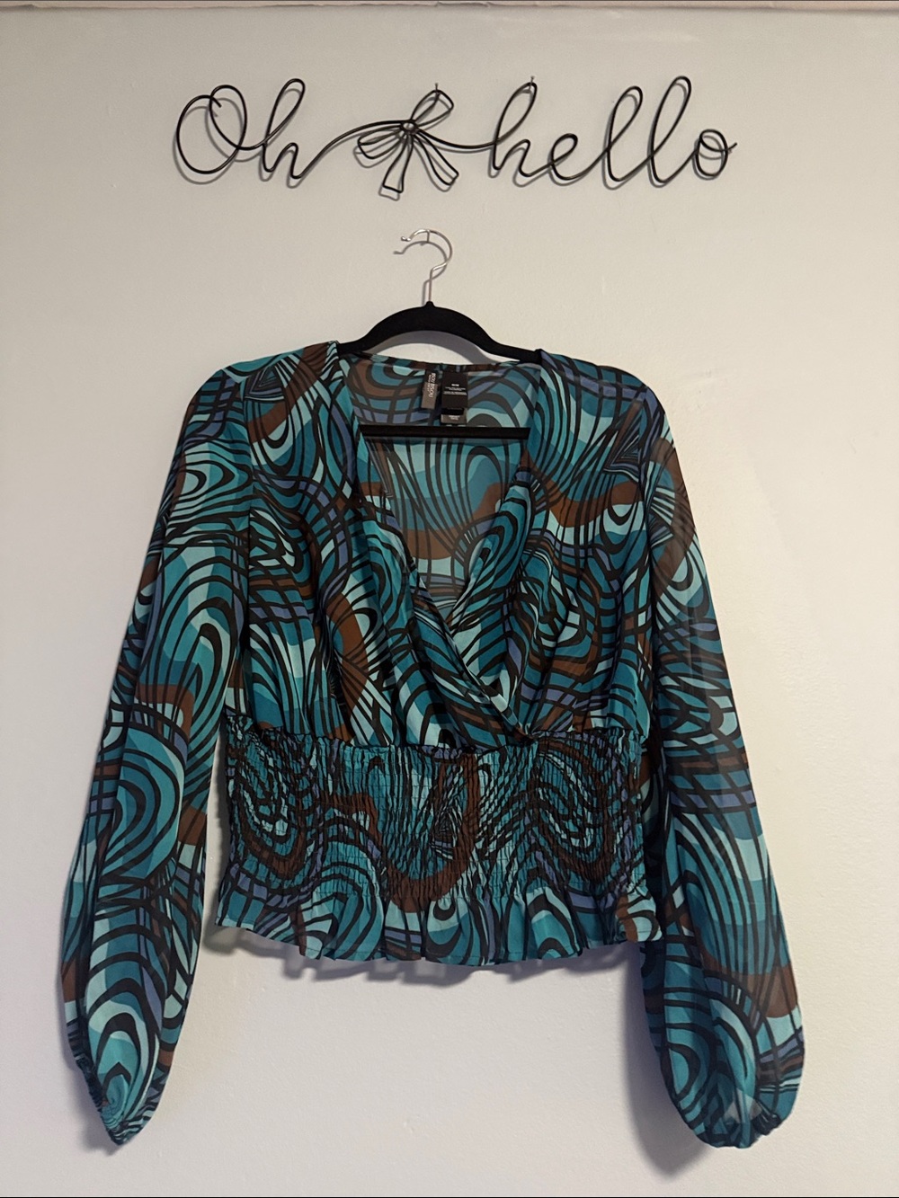 Bisou Bisou Teal Patterned Women's Blouse